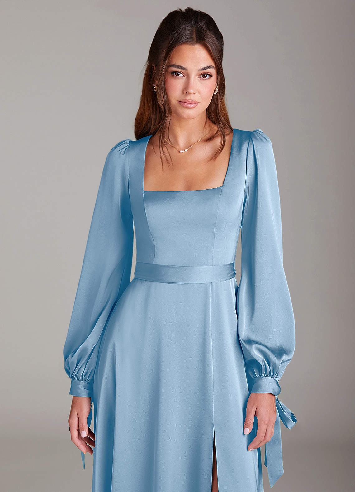 Azazie Leonia Suknie dla druhen Linia A Długi rękaw Satyna elastyczna Do ziemi Sukienka image5