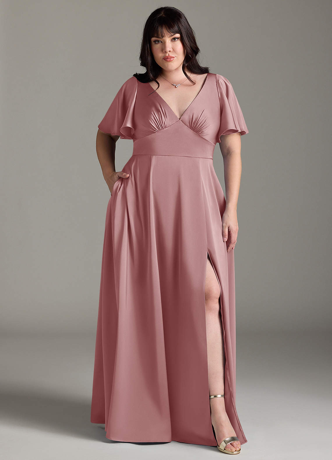 Azazie Kimber Bridesmaid Dresses Dusty Rose A-Line Ruched Stretch Satin Dress image1