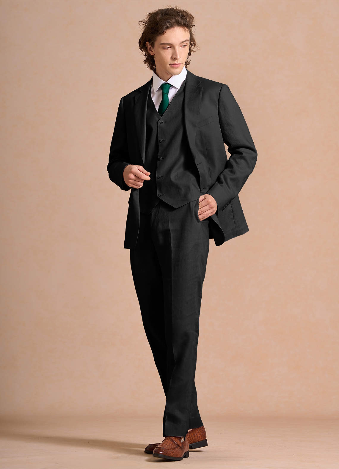 front Harrison Black 100% Linen 3-Piece Suit