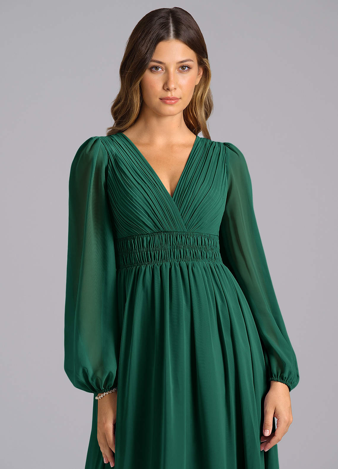 Azazie Palerma At-home Try On Dresses Emerald A-Line Long Sleeve Chiffon Dress image5