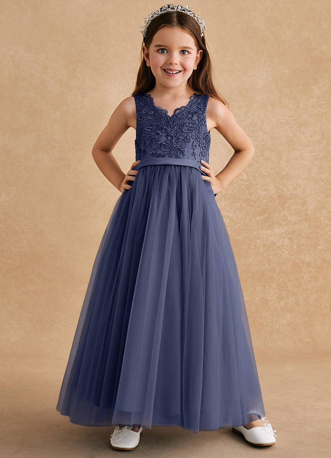 Azazie Cinna Flower Girl Dresses Stormy A-Line Lace Tulle Dress image1