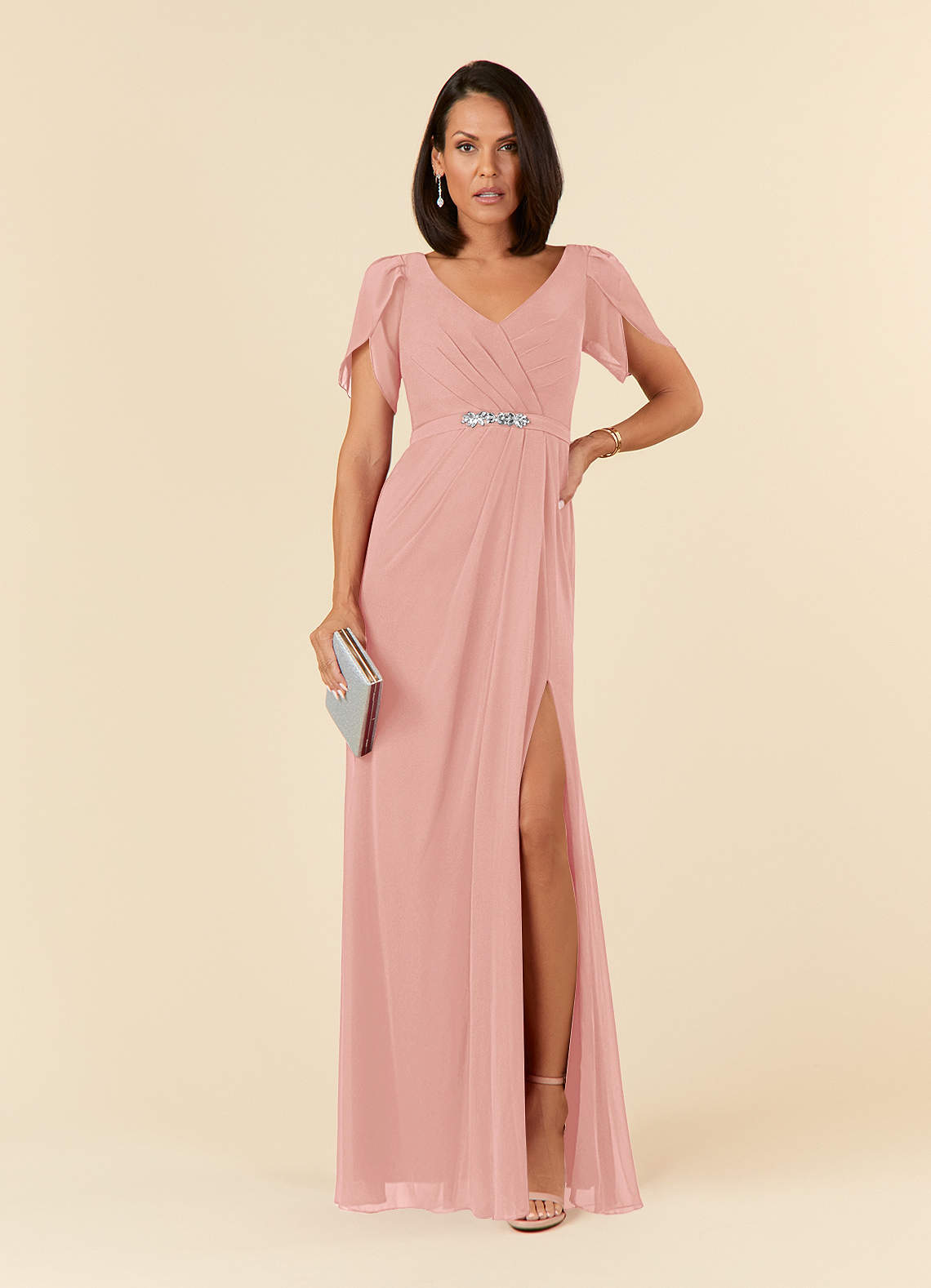 Azazie Marianne Mother of the Bride Dresses Rosette Sheath V-Neck Pleated Chiffon Dress image1