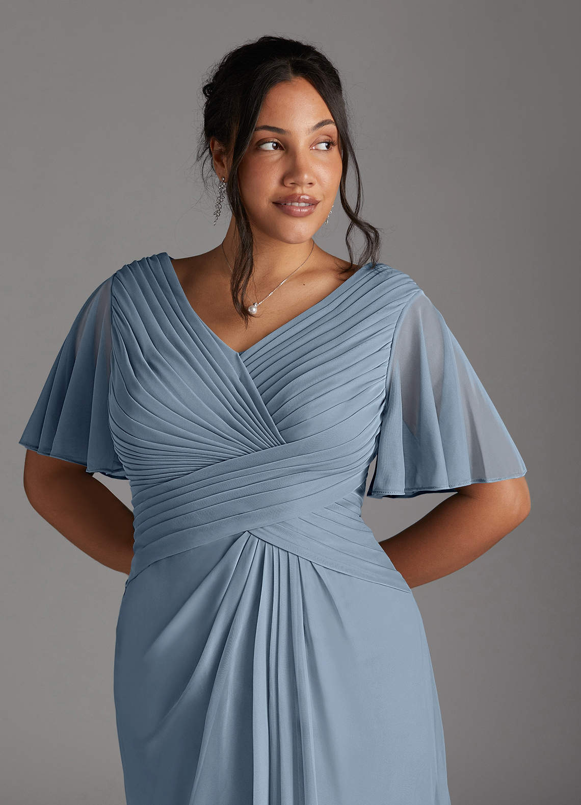 Azazie Emmeline Mother of the Bride Dresses Dusty Blue A-Line V-Neck Pleated Mesh Dress image9