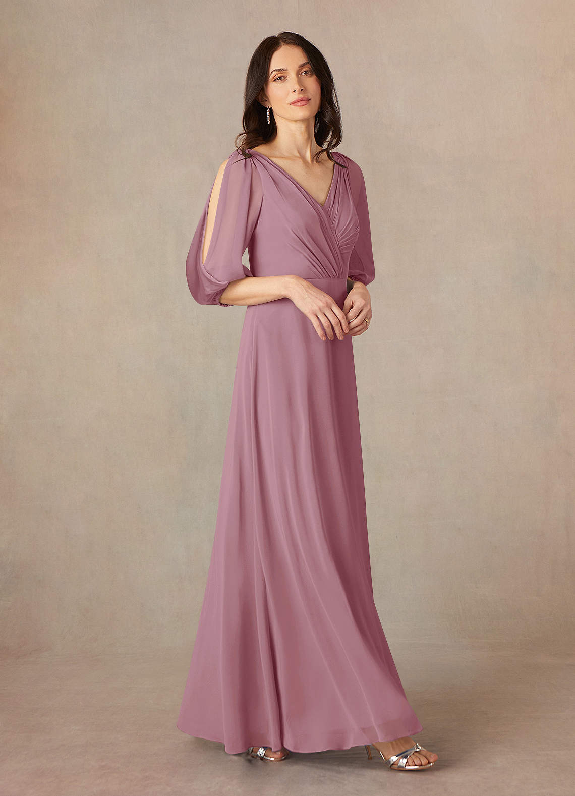 Azazie Bronwyn At-home Try On Dresses Vintage Mauve A-Line V-Neck Ruched Chiffon Dress image1
