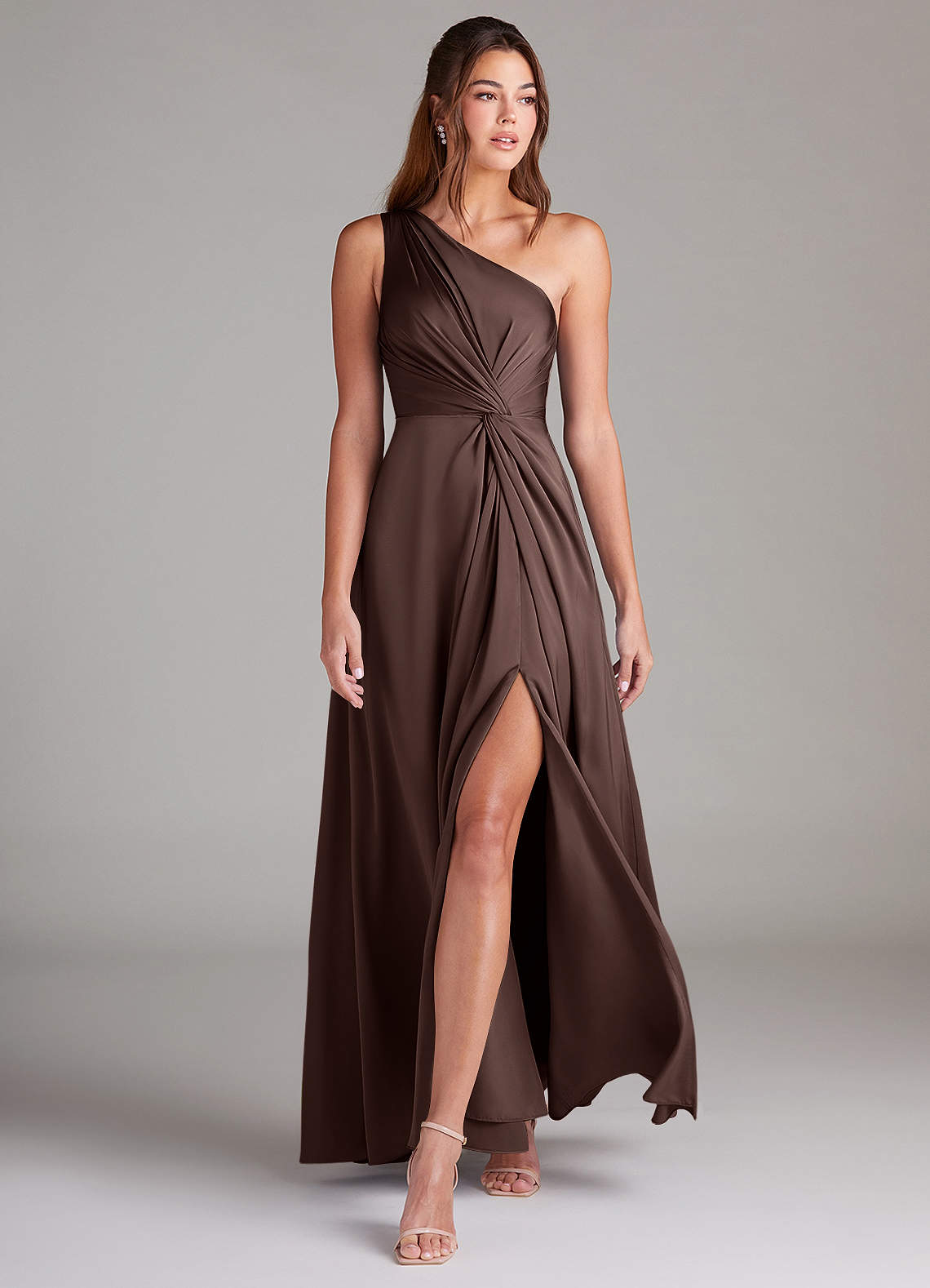 Azazie Brooke Bridesmaid Dresses Ganache A-Line One Shoulder Stretch Satin Dress image3