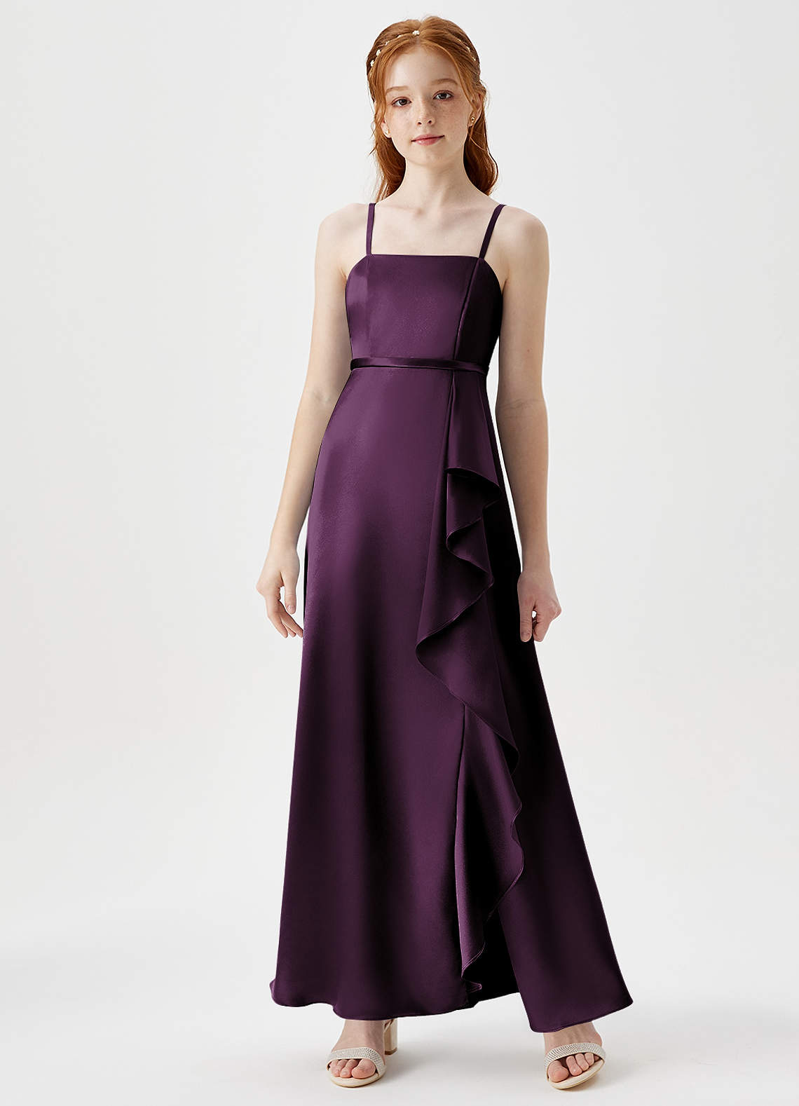 Azazie Kaylee Junior Plum A-Line with Belt Metallic Satin Dress image1