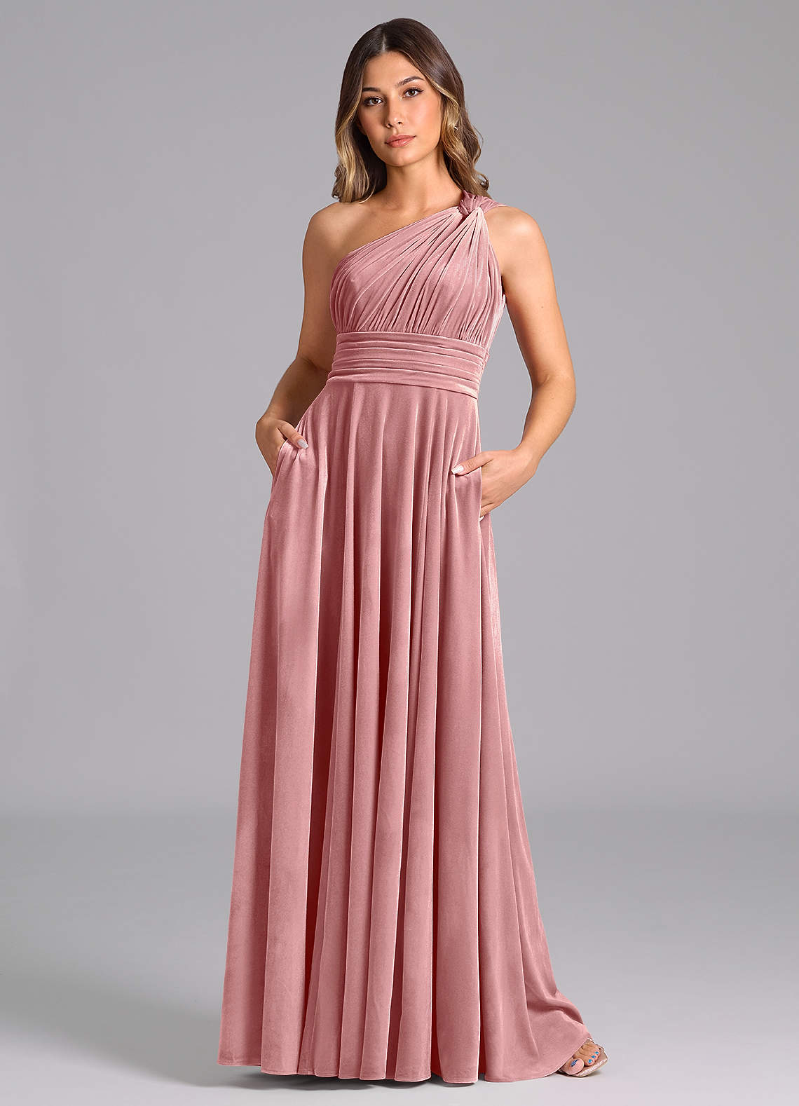 Azazie Charlize At-home Try On Dresses Black A-Line One Shoulder Velvet Dress image2