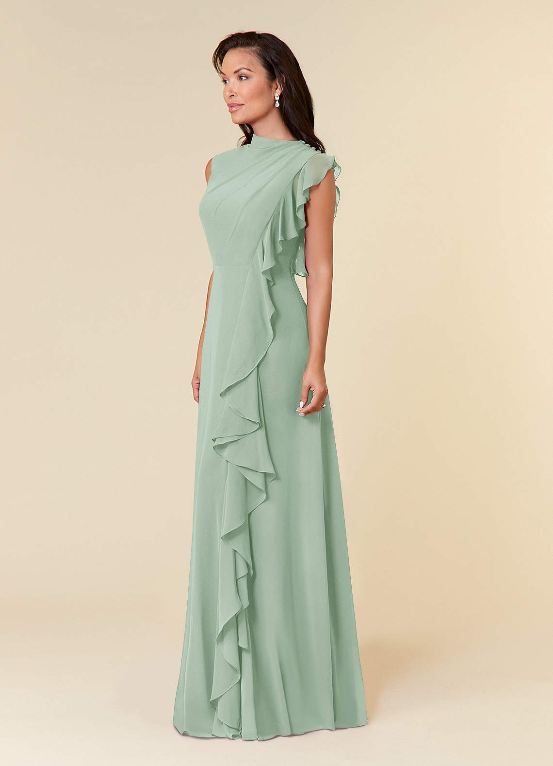 Azazie Narine At-home Try On Dresses Agave A-Line High Neckline Pleated Chiffon Dress image1