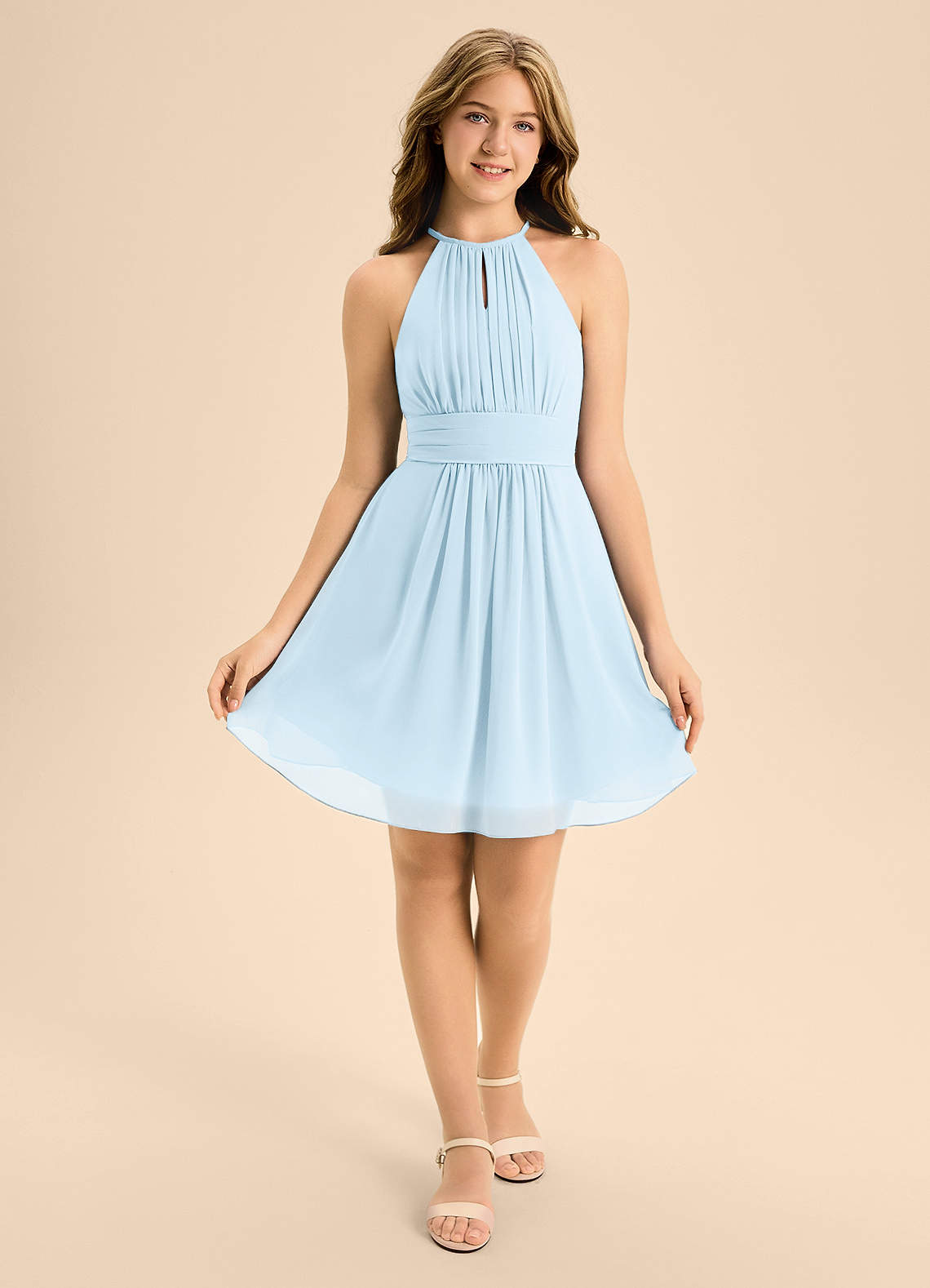 Azazie Bonnie Junior Sky Blue A-Line Pleated Chiffon Dress image1