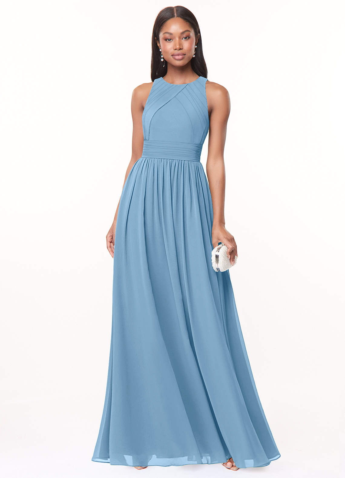 Azazie Harper Bridesmaid Dresses Steel Blue A-Line Pleated Chiffon Dress image1
