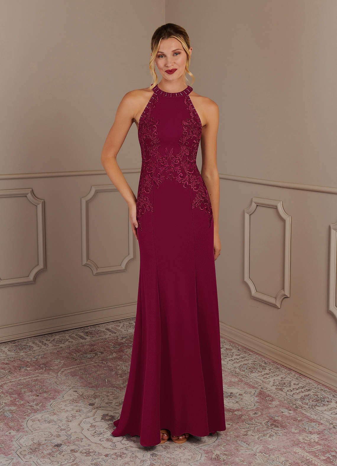 Azazie Tyra Mother of the Bride Dresses Burgundy Mermaid Halter Lace Stretch Crepe Dress image1