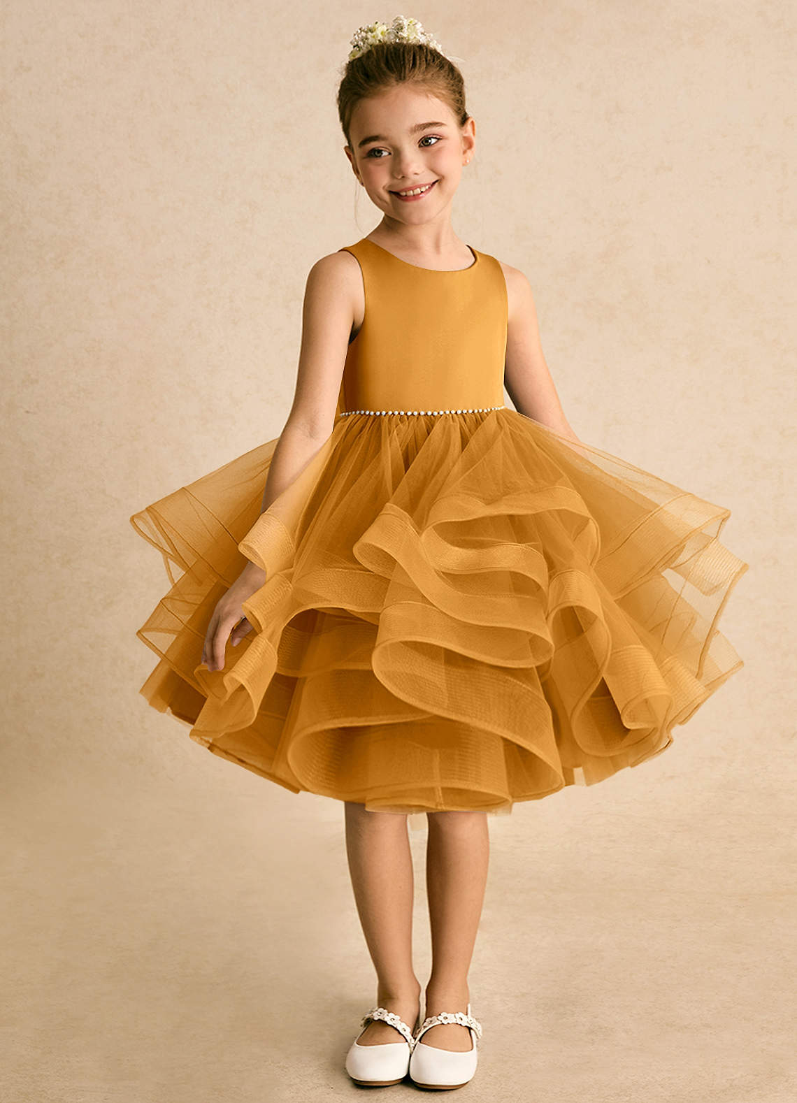 Azazie Tinie Flower Girl Dresses Butterscotch Ball-Gown Bow Tulle Dress image2