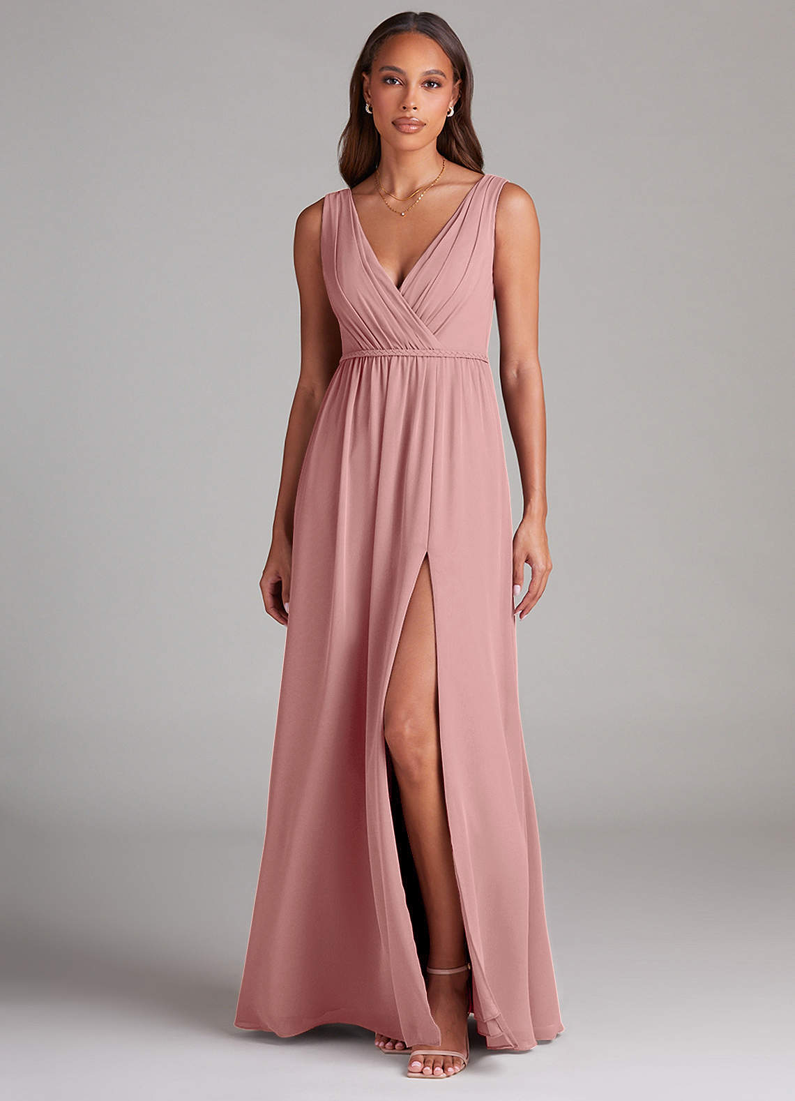Azazie Tanicia Robes de demoiselle d'honneur Robe Trapèze en Mousseline de soie Plissée Rose Poussiéreuse image1