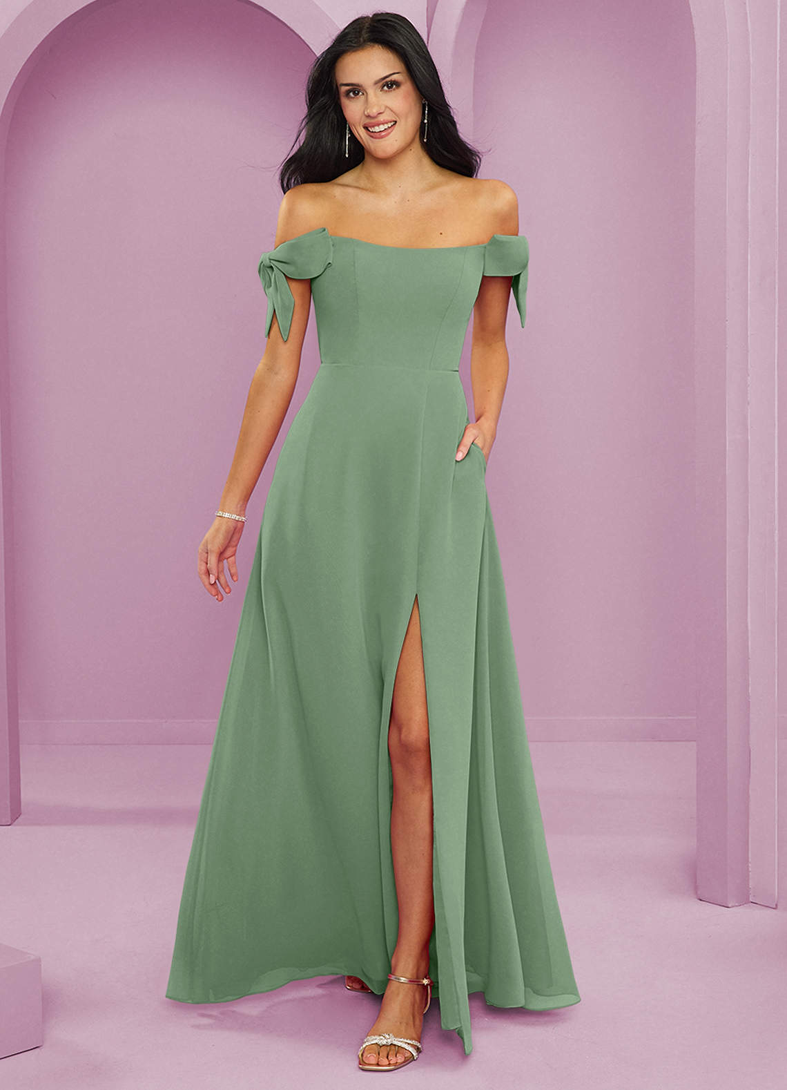Barbie ♥ Azazie Vestidos de damas de honor Vestido de Matcha de Gasa de Corte en A Convertible con Vestidos sin tirantes image1