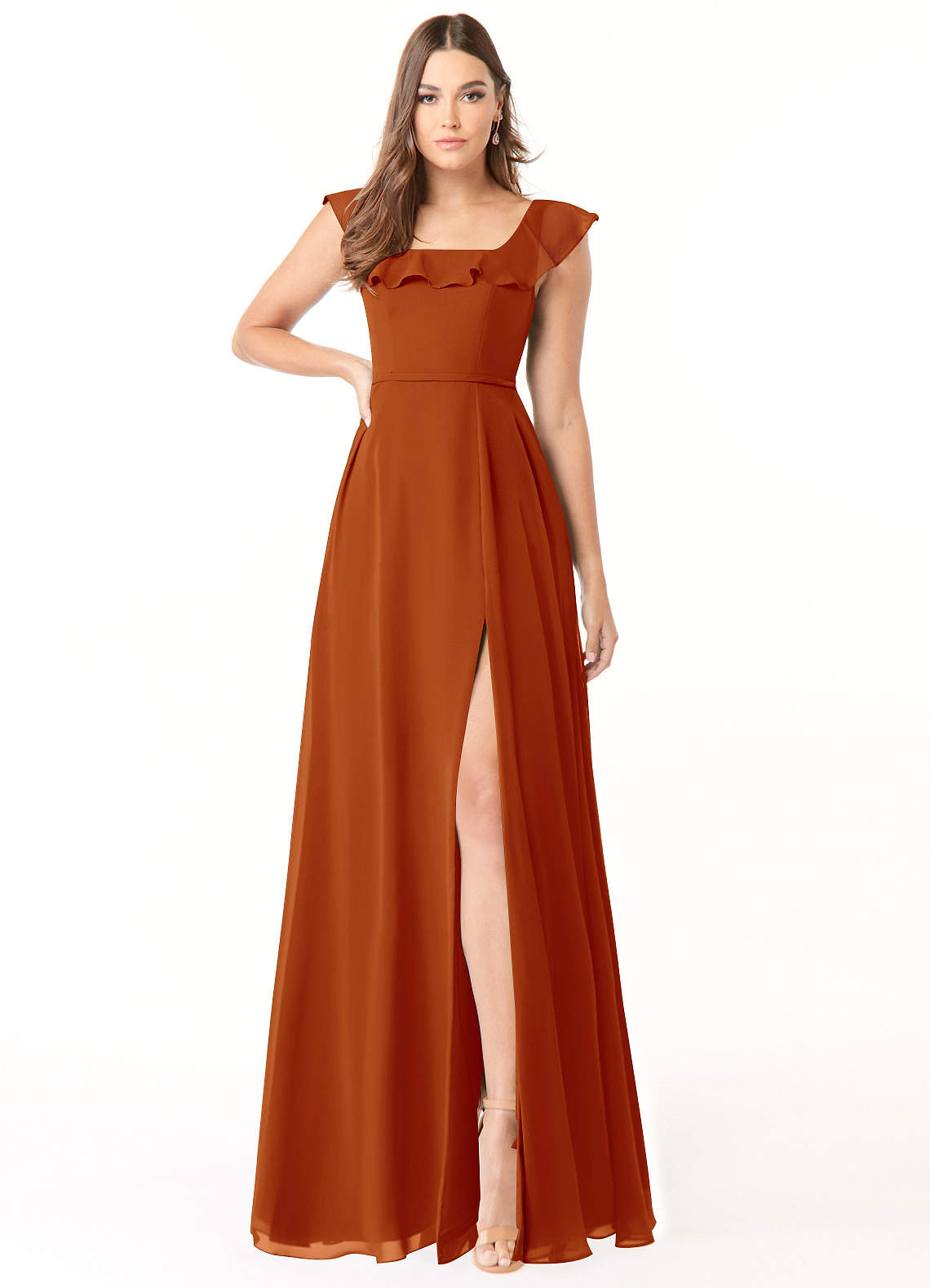 Azazie Jinny Bridesmaid Dresses Paprika A-Line Square Neckline Ruched Chiffon Dress image1