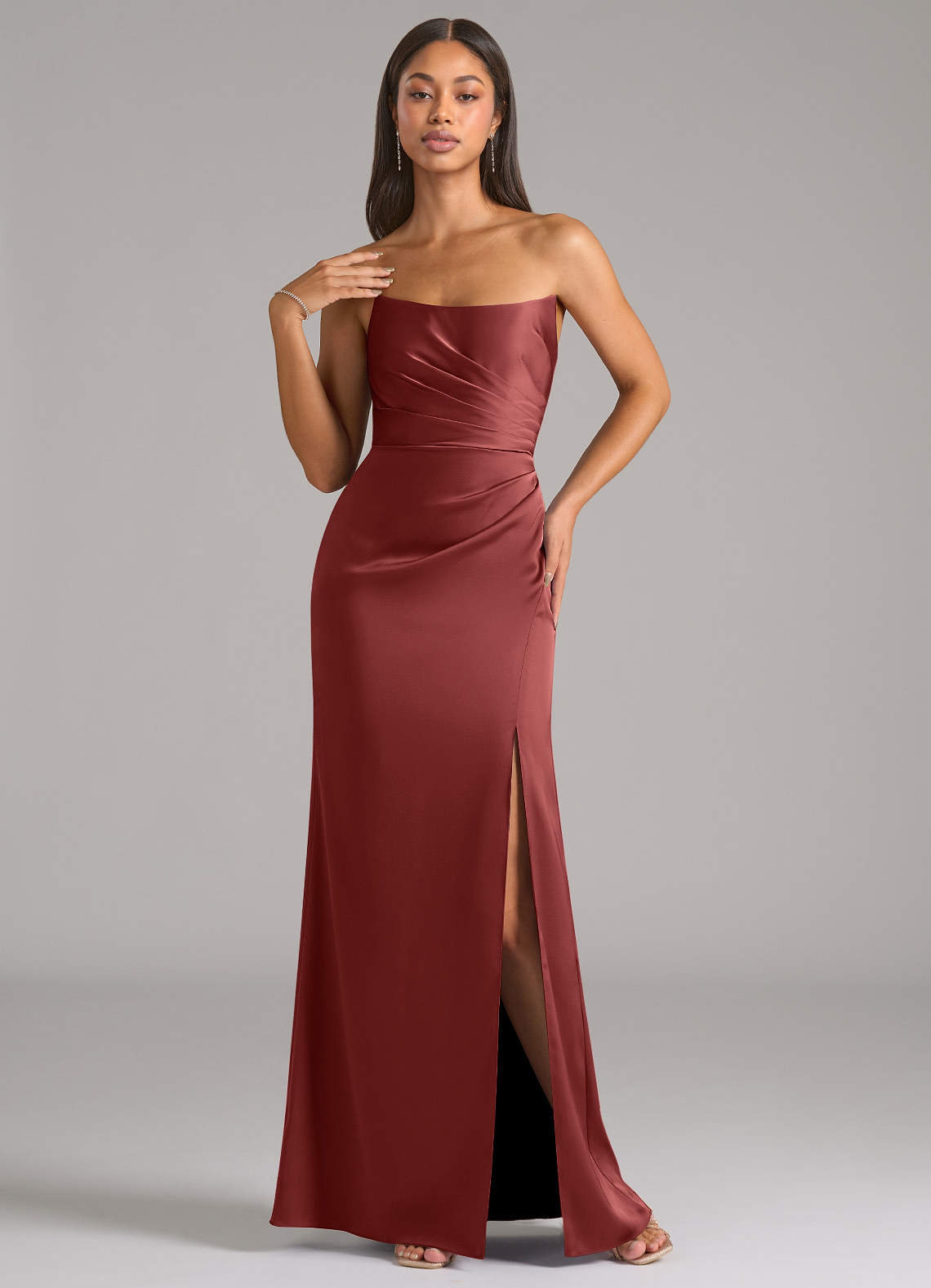 marsala color bridesmaid dresses Azazie Marla Terracotta Stretch Satin dark marsala color