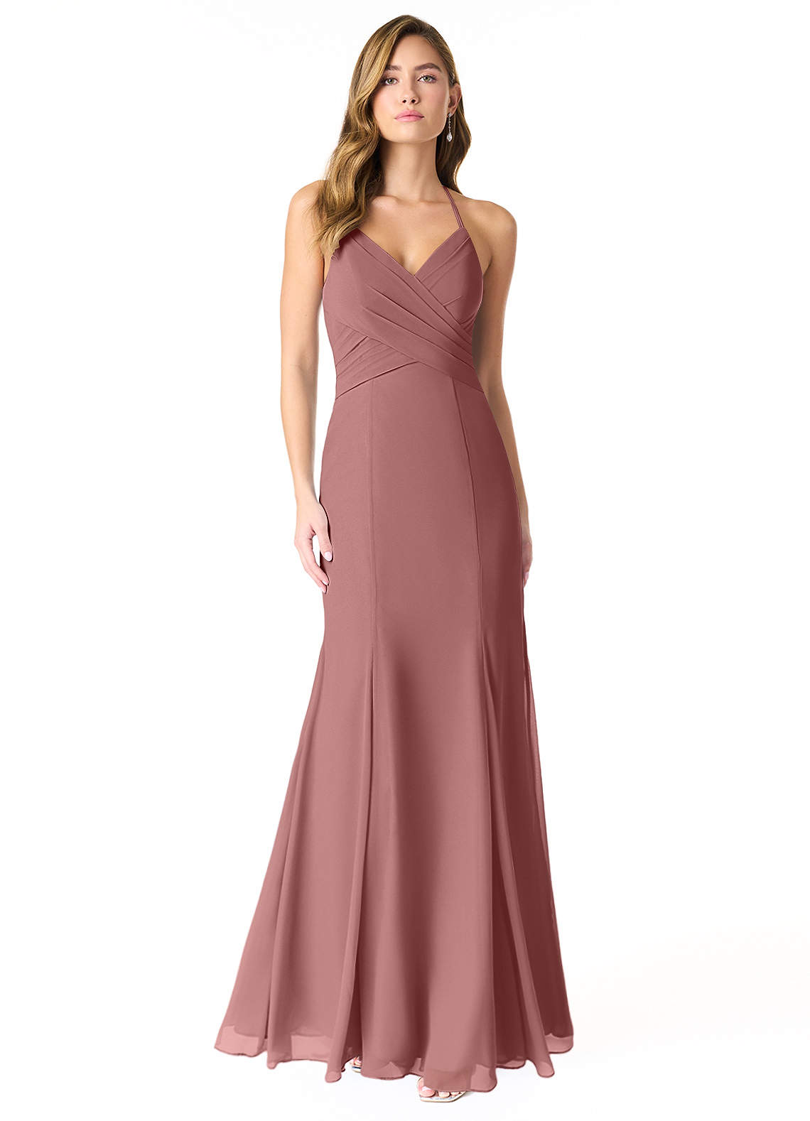 Azazie Carolina Robes de demoiselle d'honneur Robe Sirène en Mousseline de soie Rayé Rose Du Désert image1
