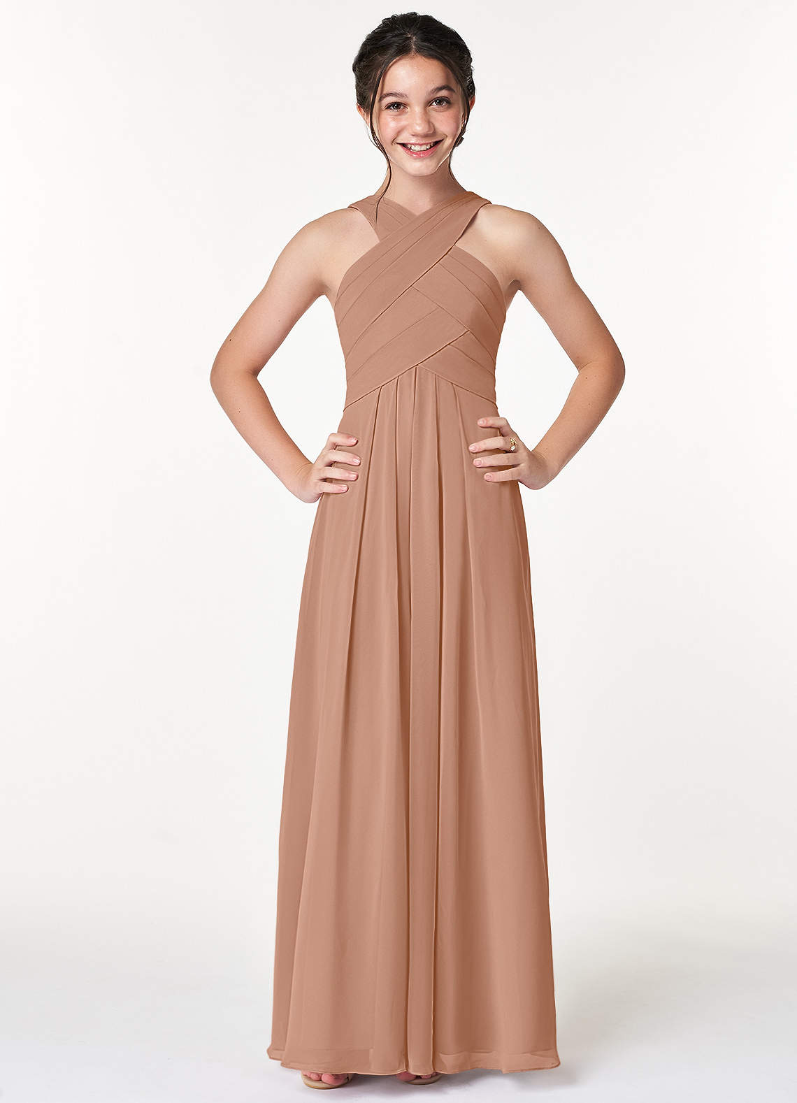 Azazie Kaleigh Junior Champagne Rose A-Line Pleated Chiffon Dress image1