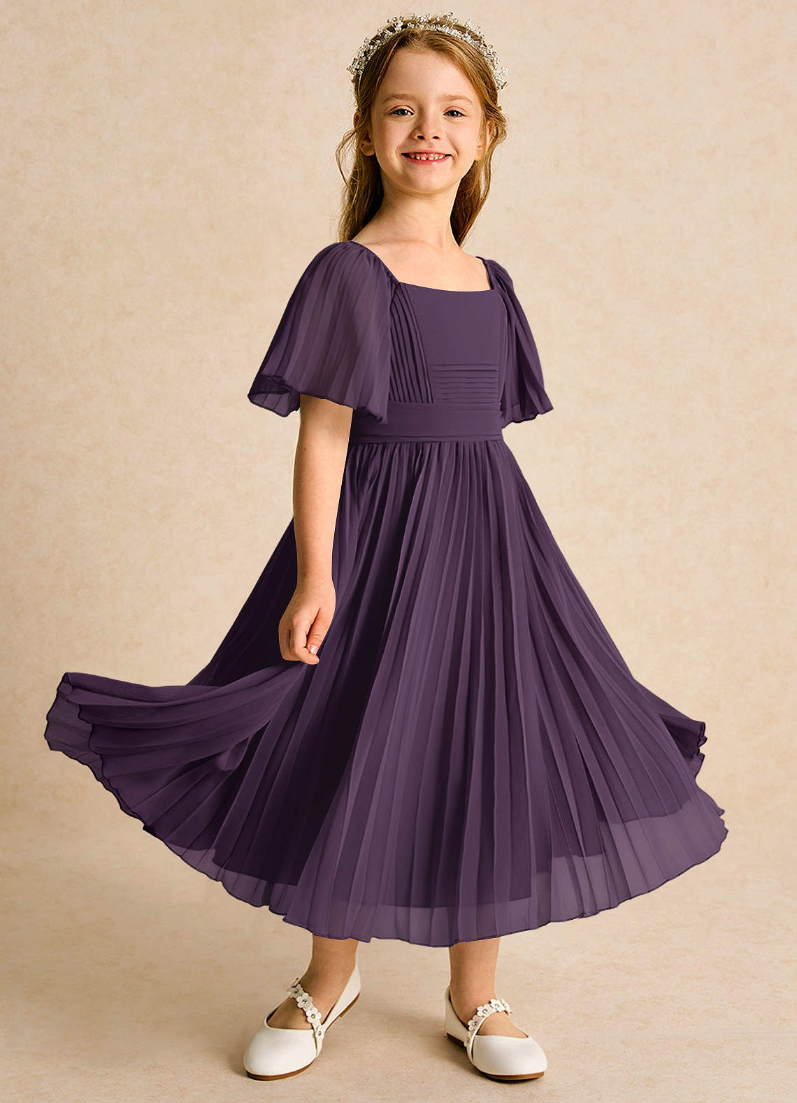 Azazie Gisele Abiti da Ragazza di Fiori Abito A-Line in Chiffon Plissettato Prugna image1