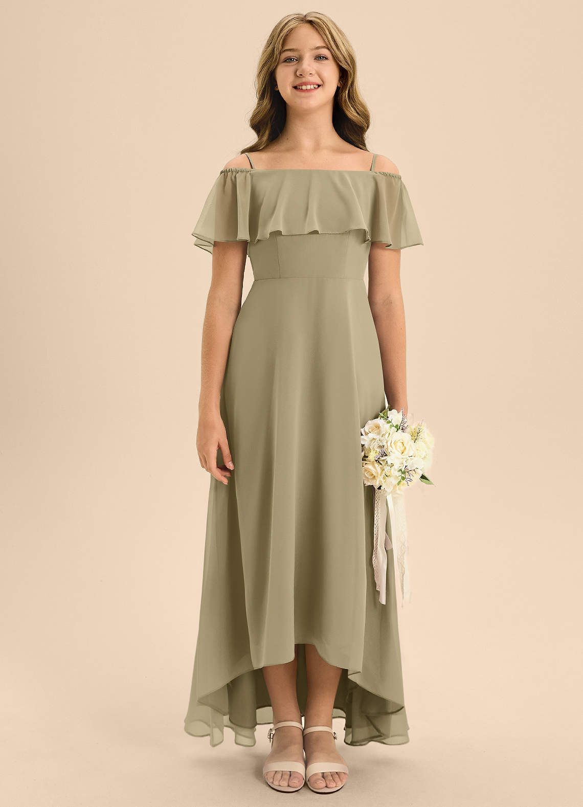 Azazie Maggie Junior A-Linie Schulterfrei Chiffon Kleid Moosgrün image1