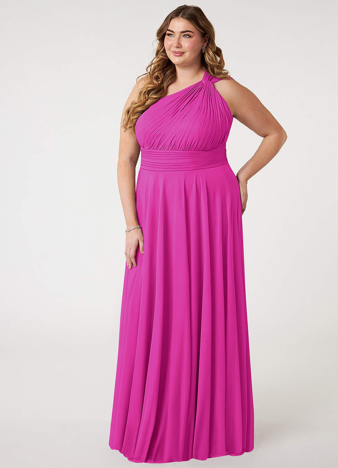 Azazie Charlize Vestidos de damas de honor Vestido de Fucsia de Malla de Corte en A con Hombro unilateral image7