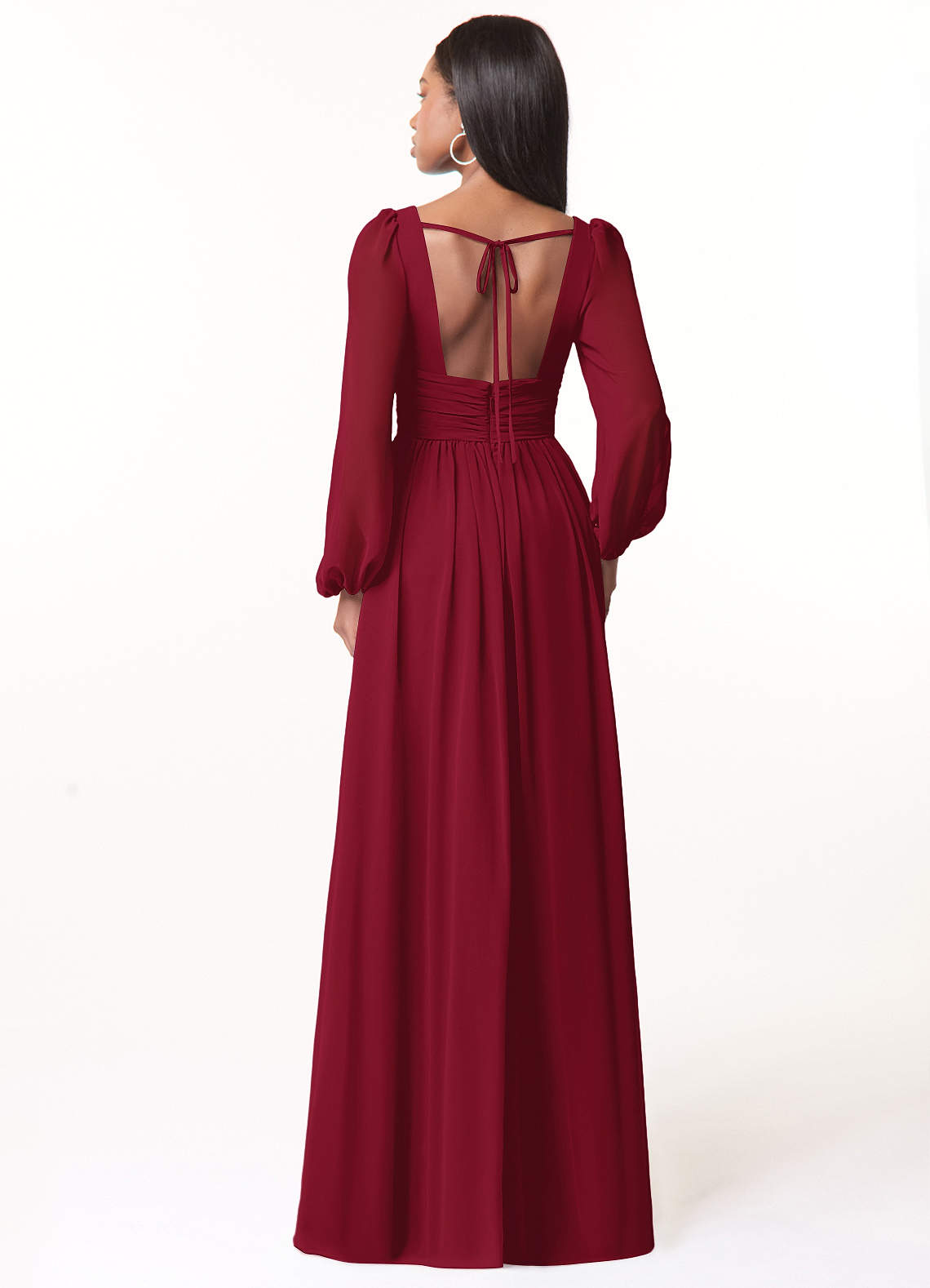 Azazie Norah Bridesmaid Dresses Burgundy A-Line V-Neck Long Sleeve Chiffon Dress image1