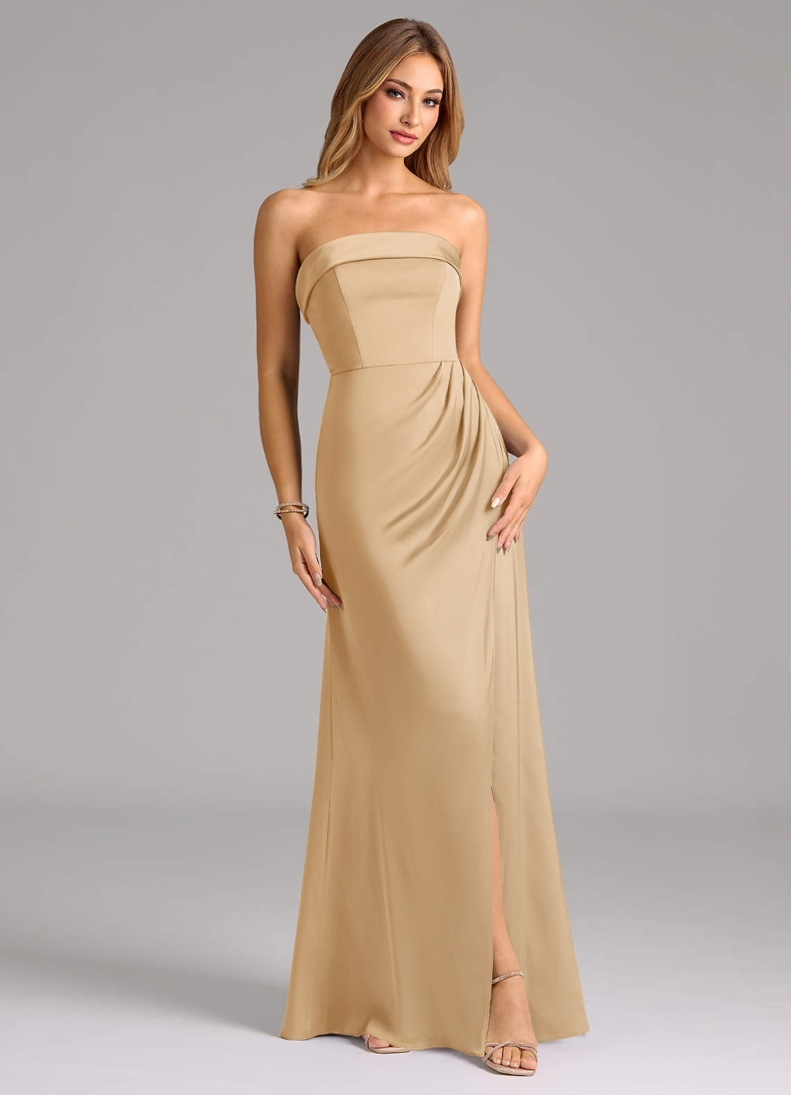 Azazie A-Line Strapless Floor-Length Stretch Satin Bridesmaid Dresses - Gold Azazie A-Line Strapless Floor-Length Stretch Satin Bridesmaid Dresses - Gold