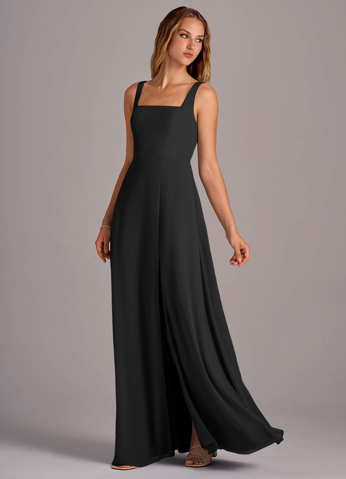 Azazie Debra Bridesmaid Dresses Black A-Line with Pockets Chiffon Convertible Dress image1