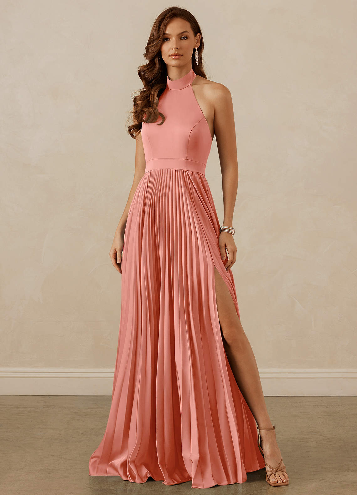 Christian Siriano Bridal for Azazie 1007 Bridesmaid Dresses Coral A-Line Pleated Stretch Satin Dress image1