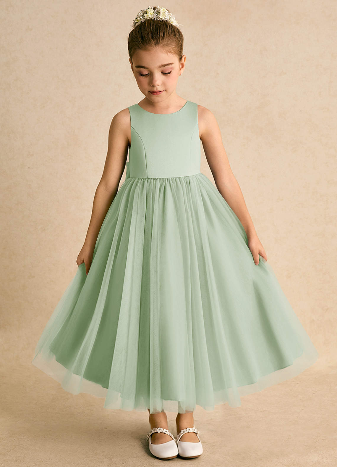 Azazie Solia Robe Demoiselle D'honneur Fillette Robe Princesse en Tulle Arc Vert Sauge image5