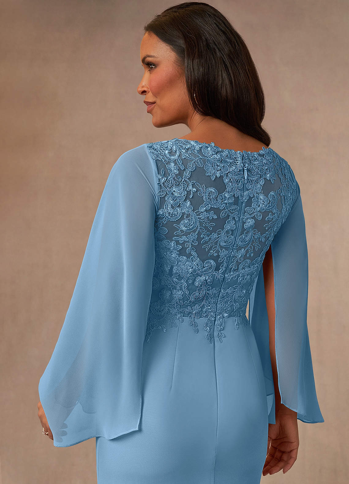Azazie Perry Mother of the Bride Dresses Steel Blue Mermaid V-Neck Lace Chiffon Dress image3