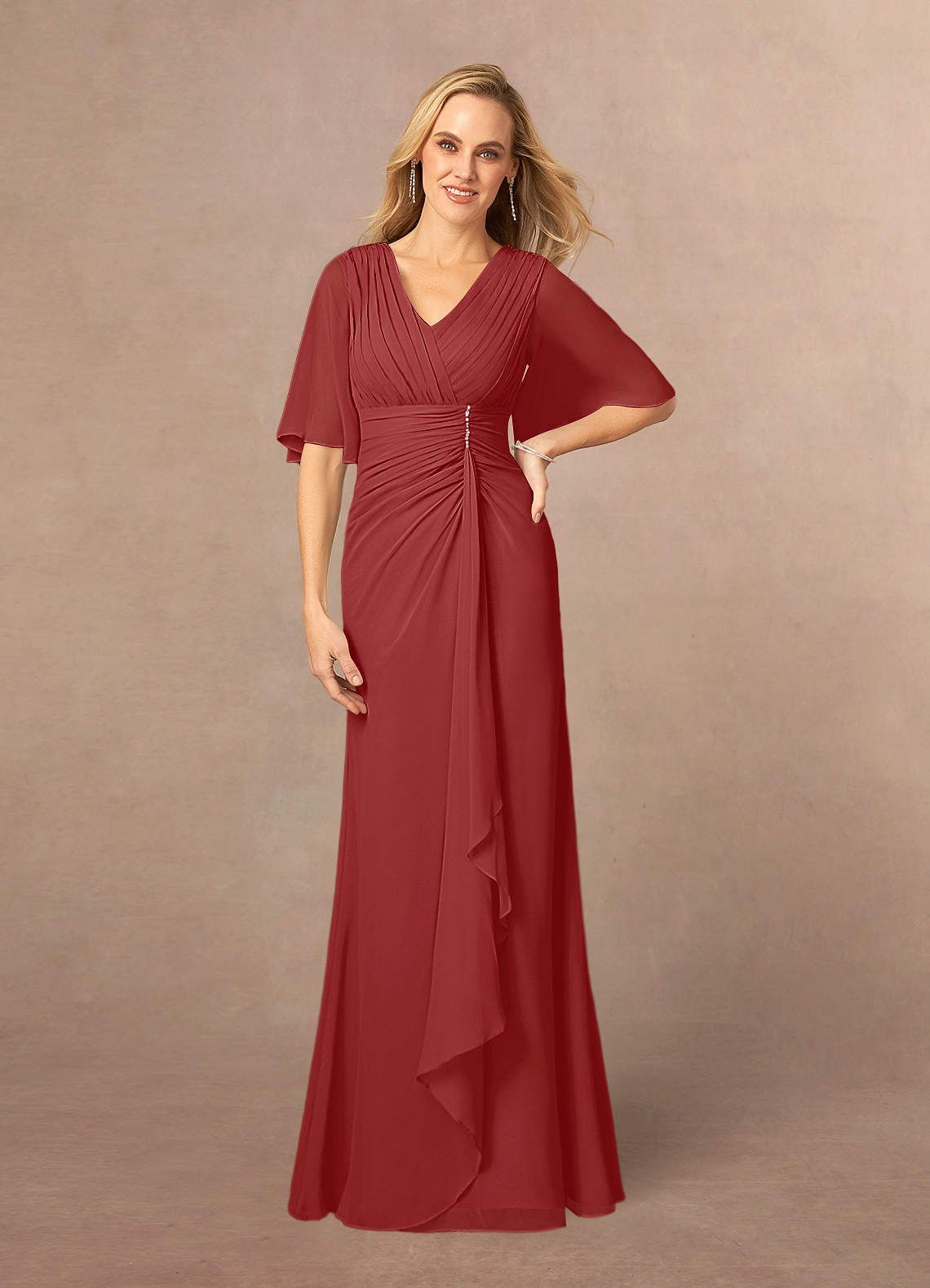 Azazie Carson Mother of the Bride Dresses Rust A-Line V-Neck Lace Chiffon Dress image1