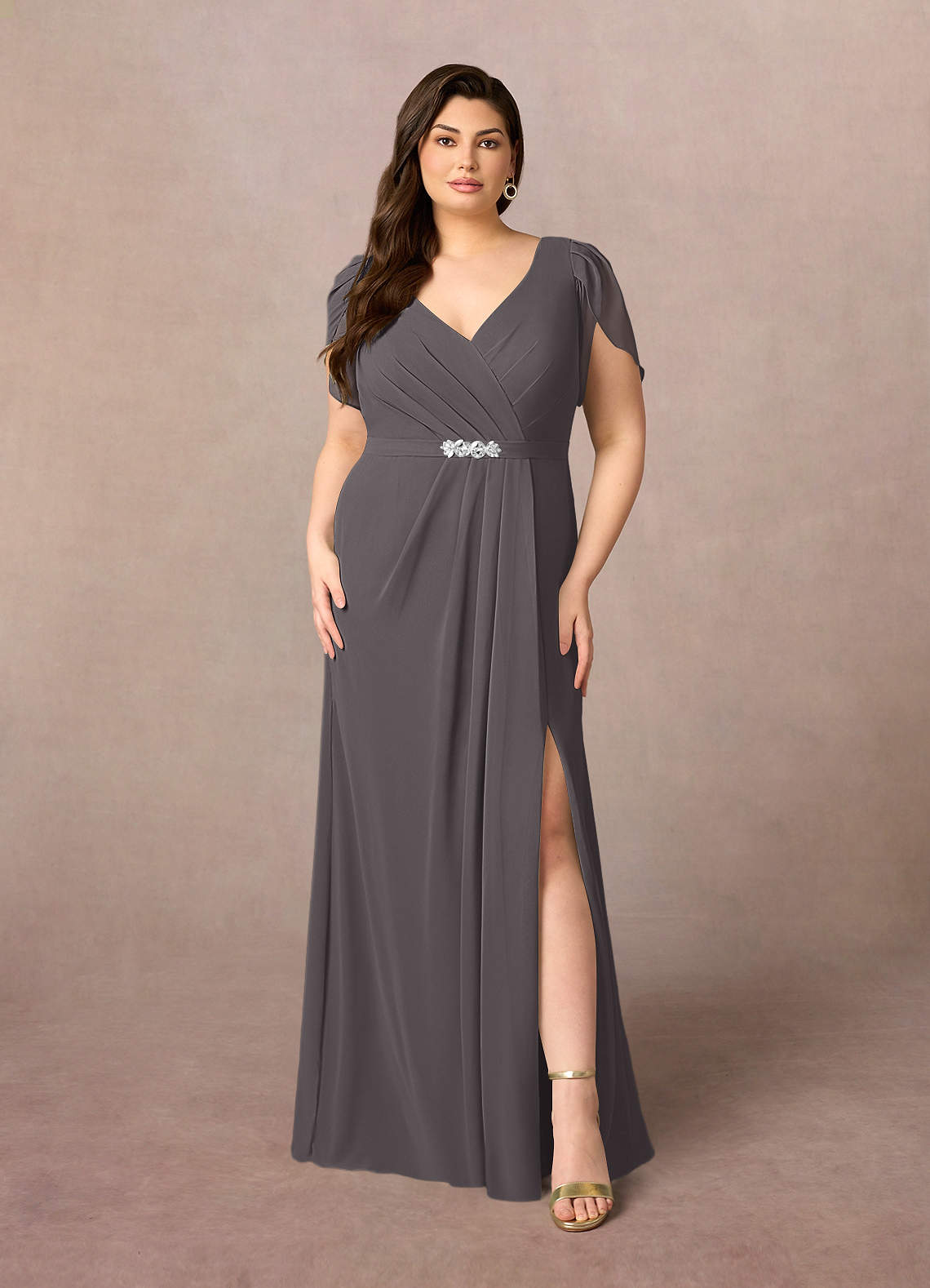 Azazie Marianne Mother of the Bride Dresses Steel Grey Sheath V-Neck Pleated Chiffon Dress image1