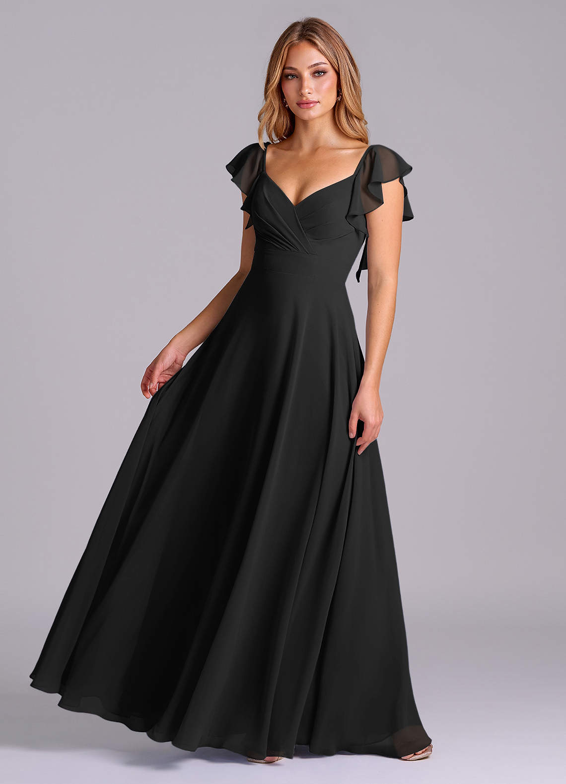 Azazie Leilani Bridesmaid Dresses Black A-Line Pleated Chiffon Dress image1