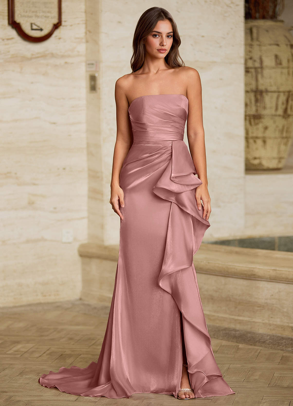 brown mesh cover up dress Mermaid Long Sweetheart Pink Satin Prom Dresses – luladress main image 0