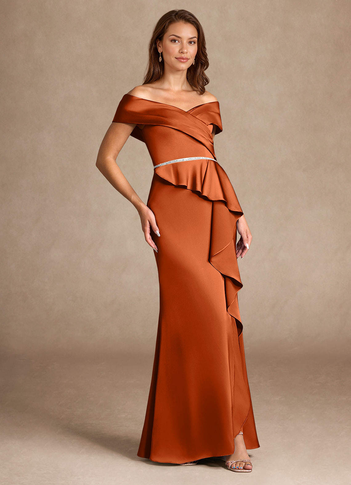 Azazie Dareia vestidos de madre de la novia Vestido de Naranja Quemada de Satén Elástico de Sirena con Vestidos sin tirantes image3