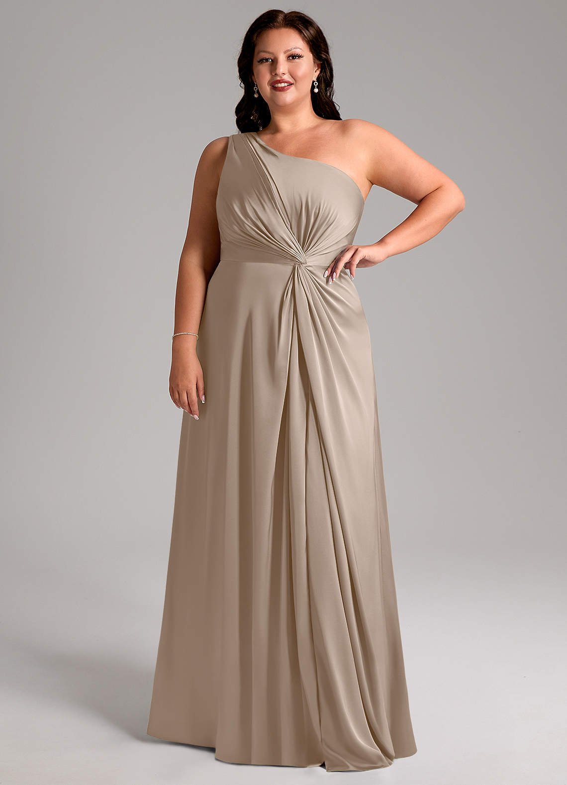 taupe plus size bridesmaid dresses Azazie A-Line One-Shoulder Floor-Length Stretch Satin Returns-Bridesmaid-Dresses Chic & Holland EW990081 Color:Cappuchino high slit