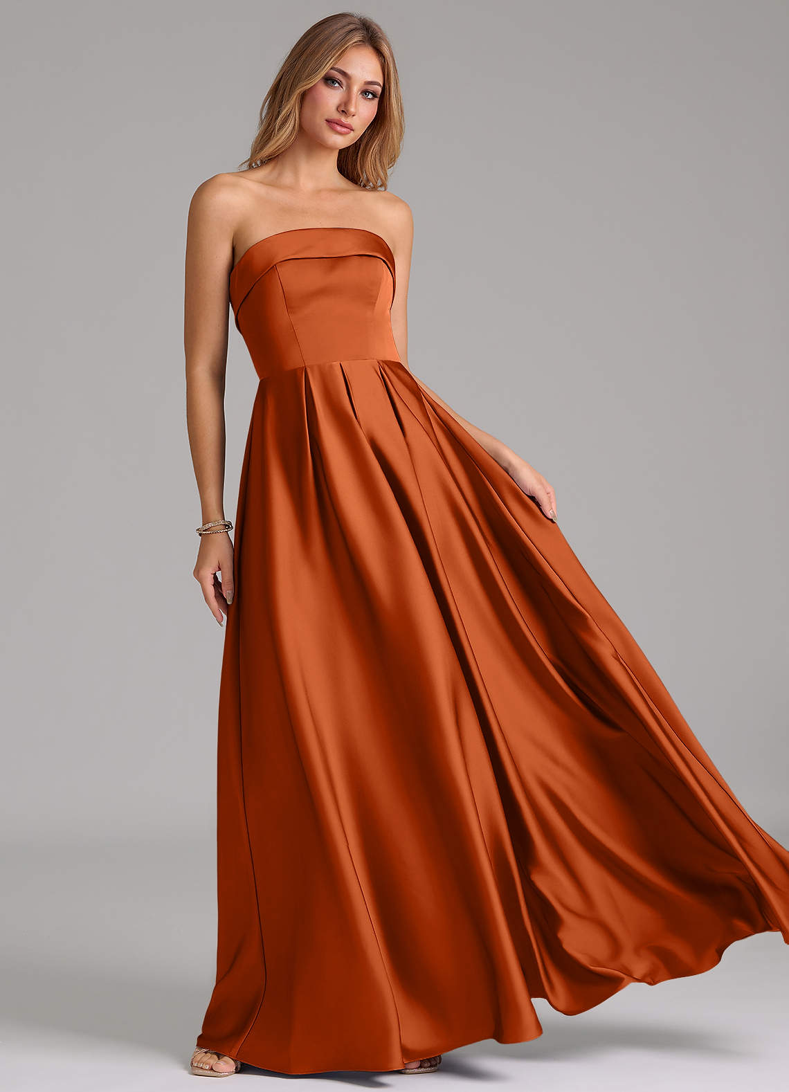 strapless burnt orange dress Azazie A-Line Strapless Floor-Length Stretch Satin Bridesmaid Dresses