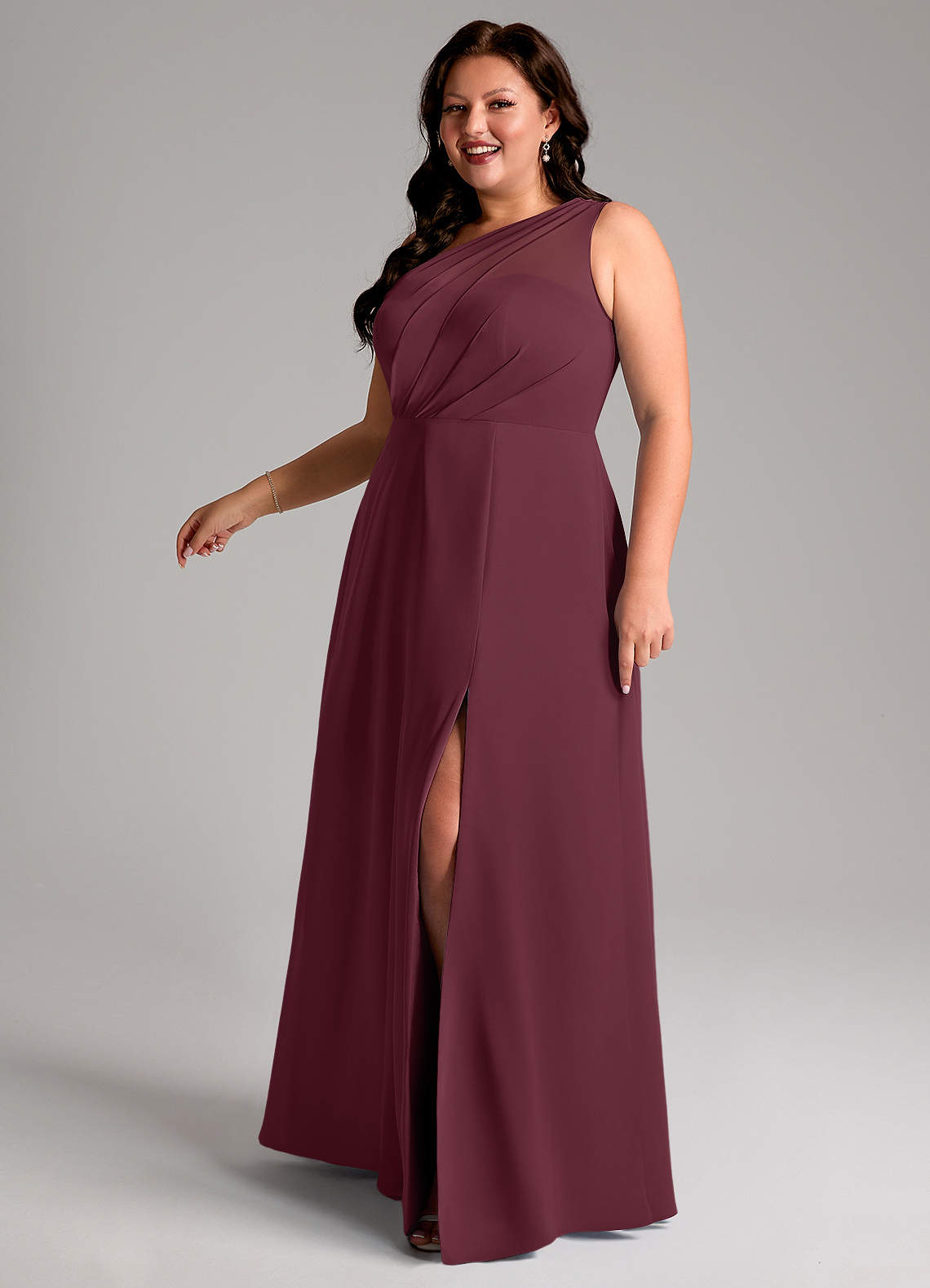 Azazie Phaedra Vestidos de madrinha de casamento Vestido Cabernet de Chiffon de Linha A com Um ombro image13