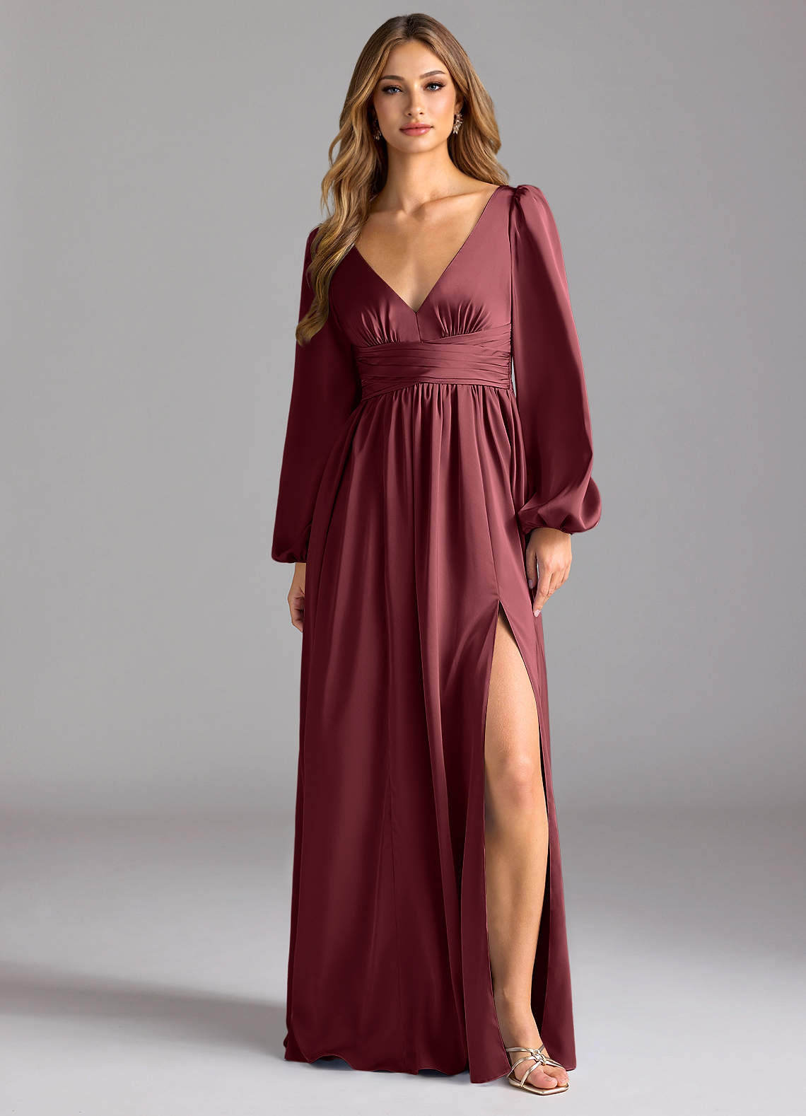 Azazie Norah Vestidos de damas de honor Vestido de Merlot de Satén Elástico de Corte en A image1