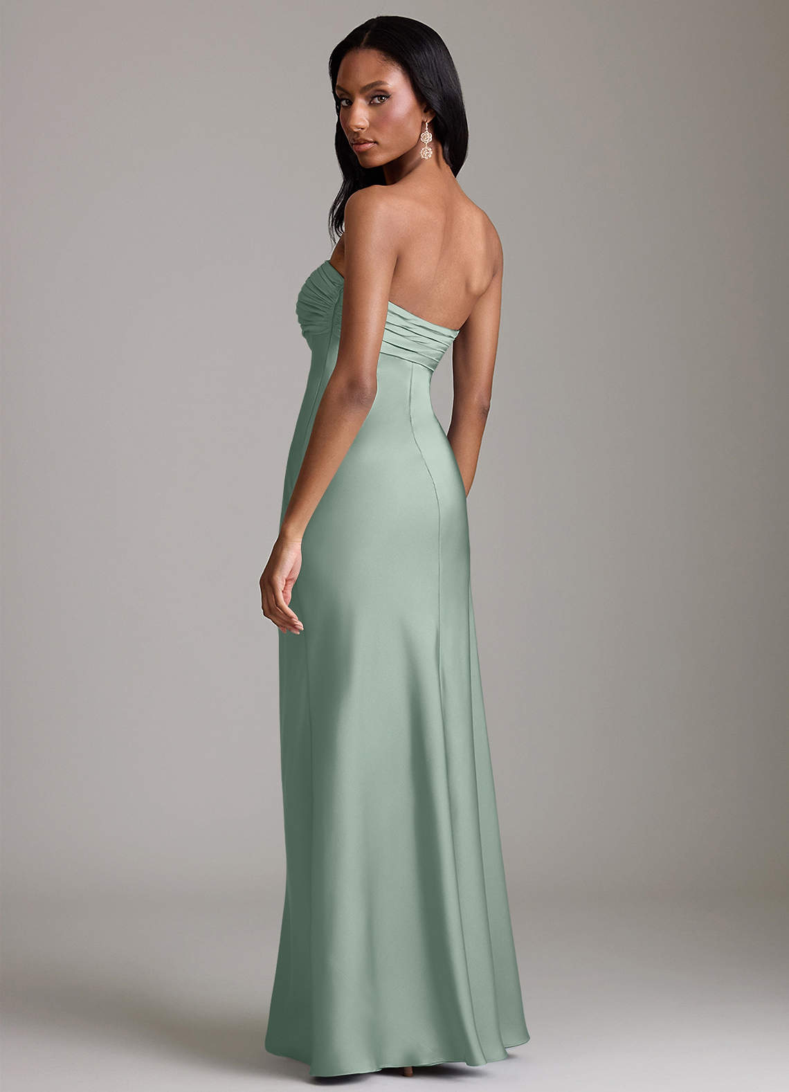 Azazie Saylor At-home Try On Dresses Agave Mermaid Strapless Stretch Satin Dress image4