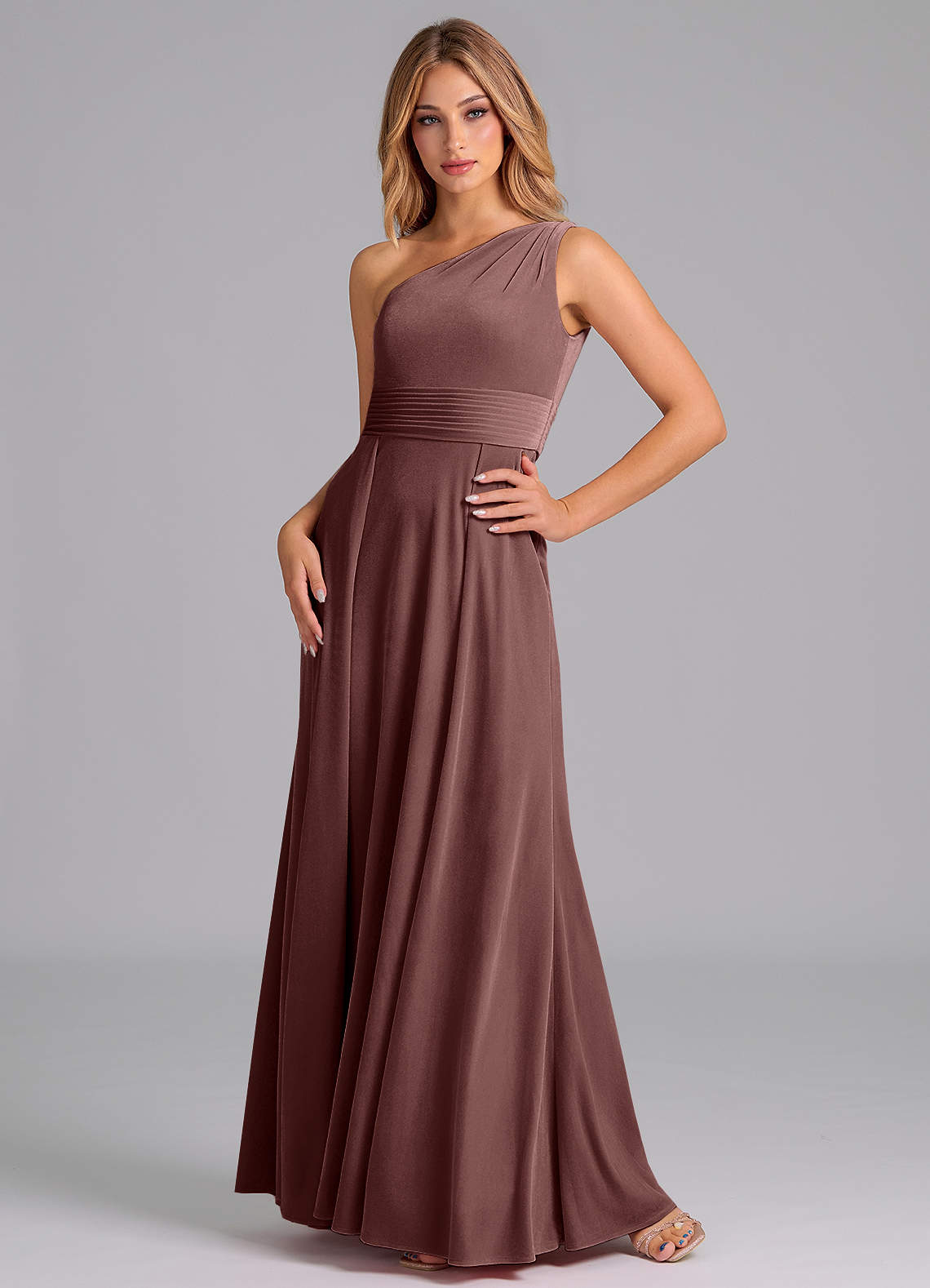 Azazie Dallas Bridesmaid Dresses Espresso A-Line One Shoulder Velvet Dress image1