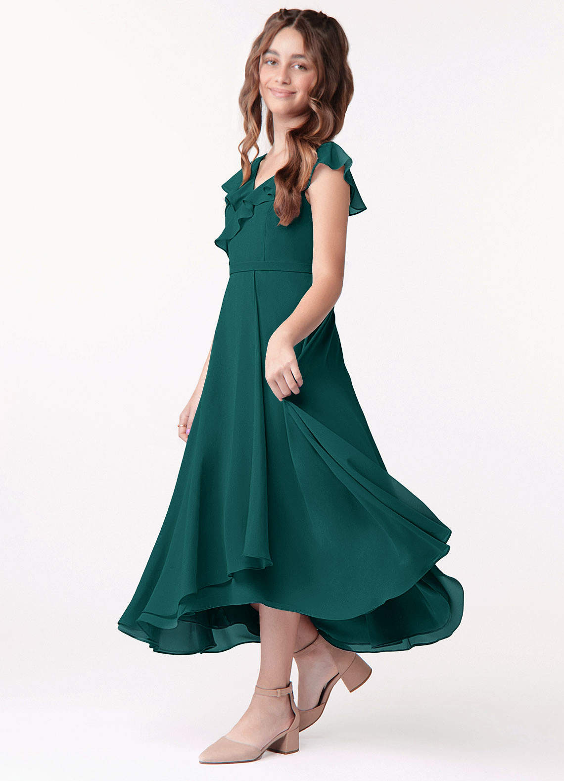 Azazie Posie Junior Peacock A-Line Ruched Chiffon Dress image1