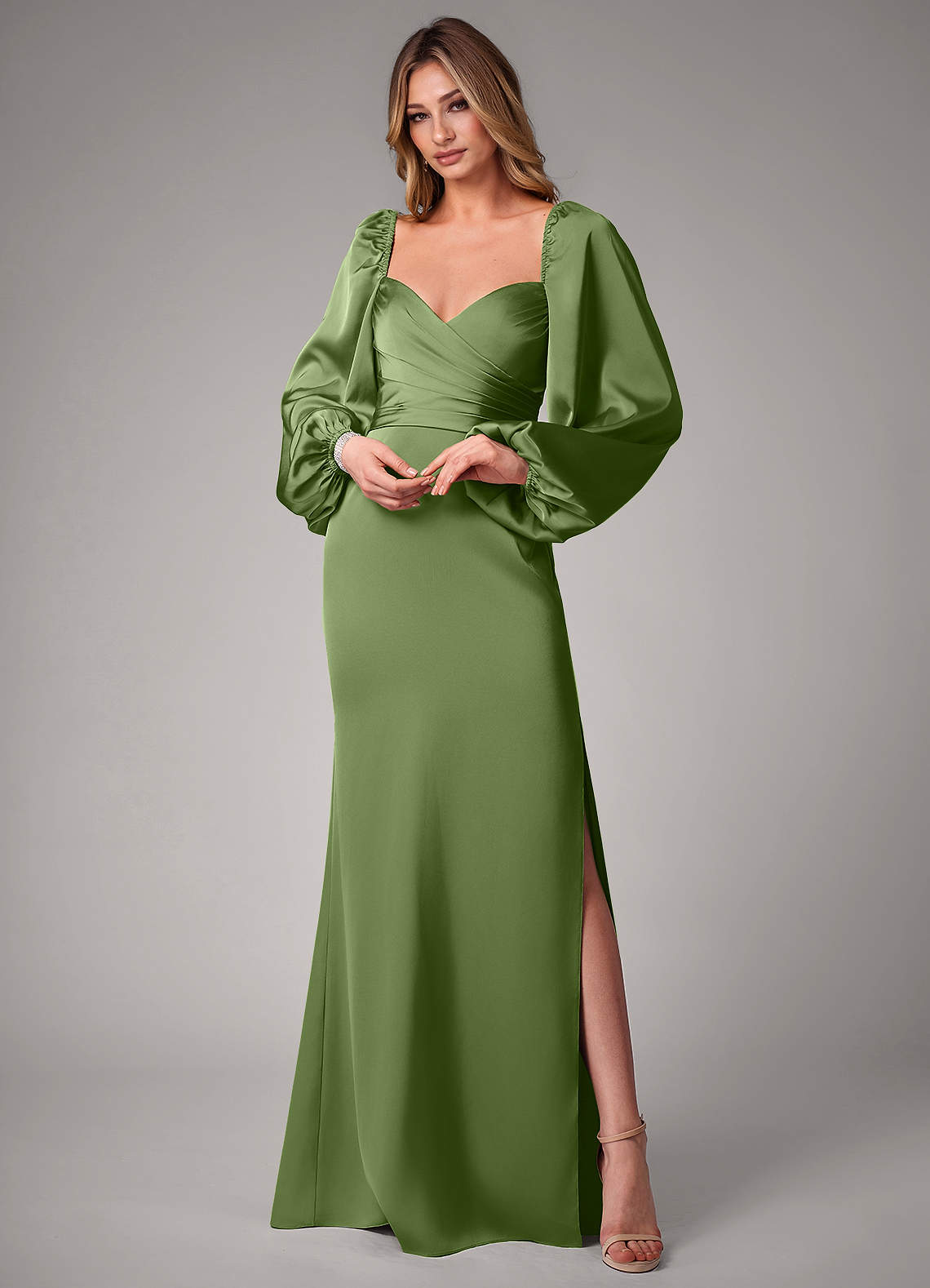 Azazie Sonata Bridesmaid Dresses Juniper Sheath Long Sleeve Stretch Satin Convertible Dress image1