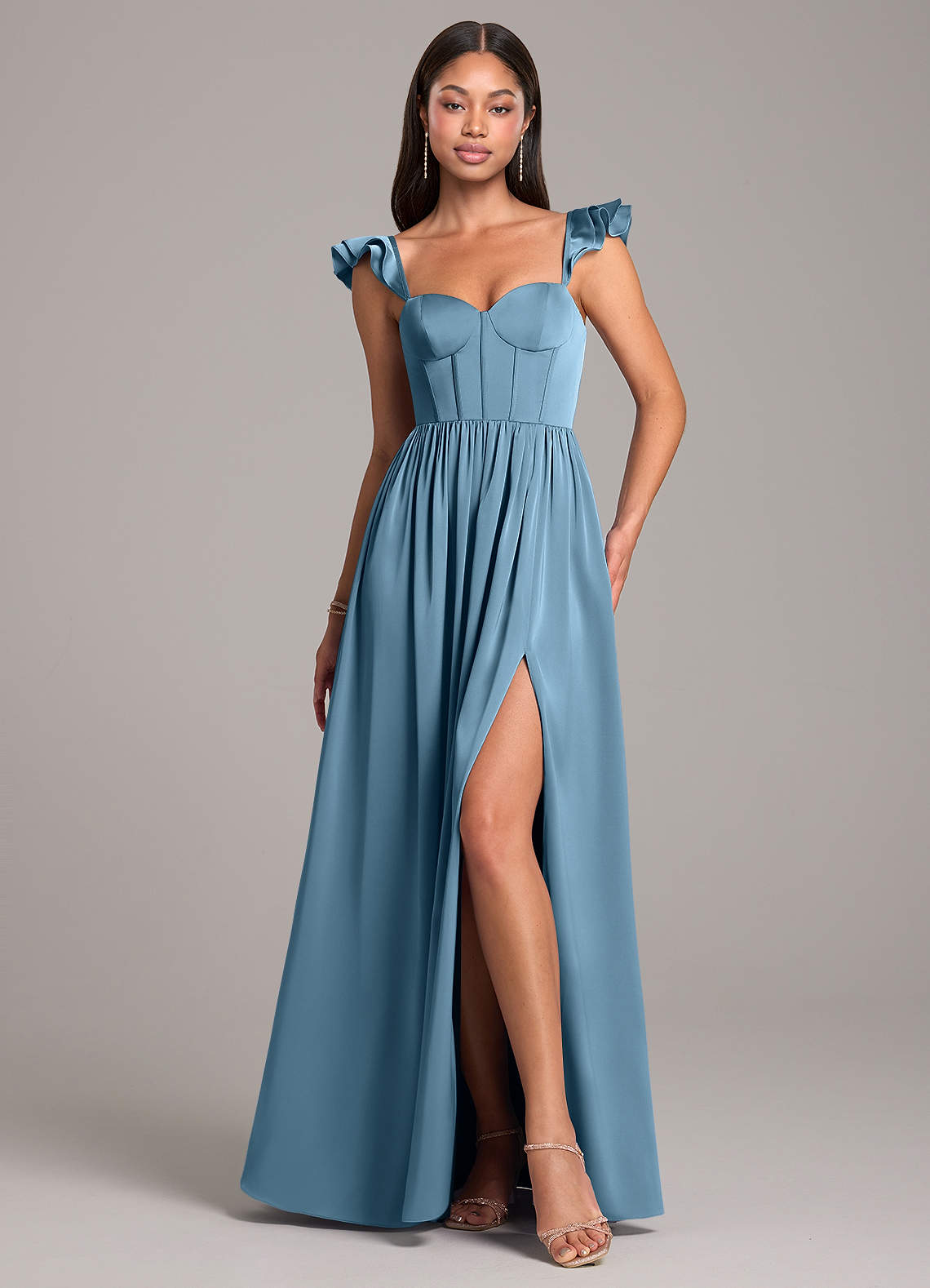 Azazie Denisse Bridesmaid Dresses Steel Blue A-Line Ruched Stretch Satin Dress image1