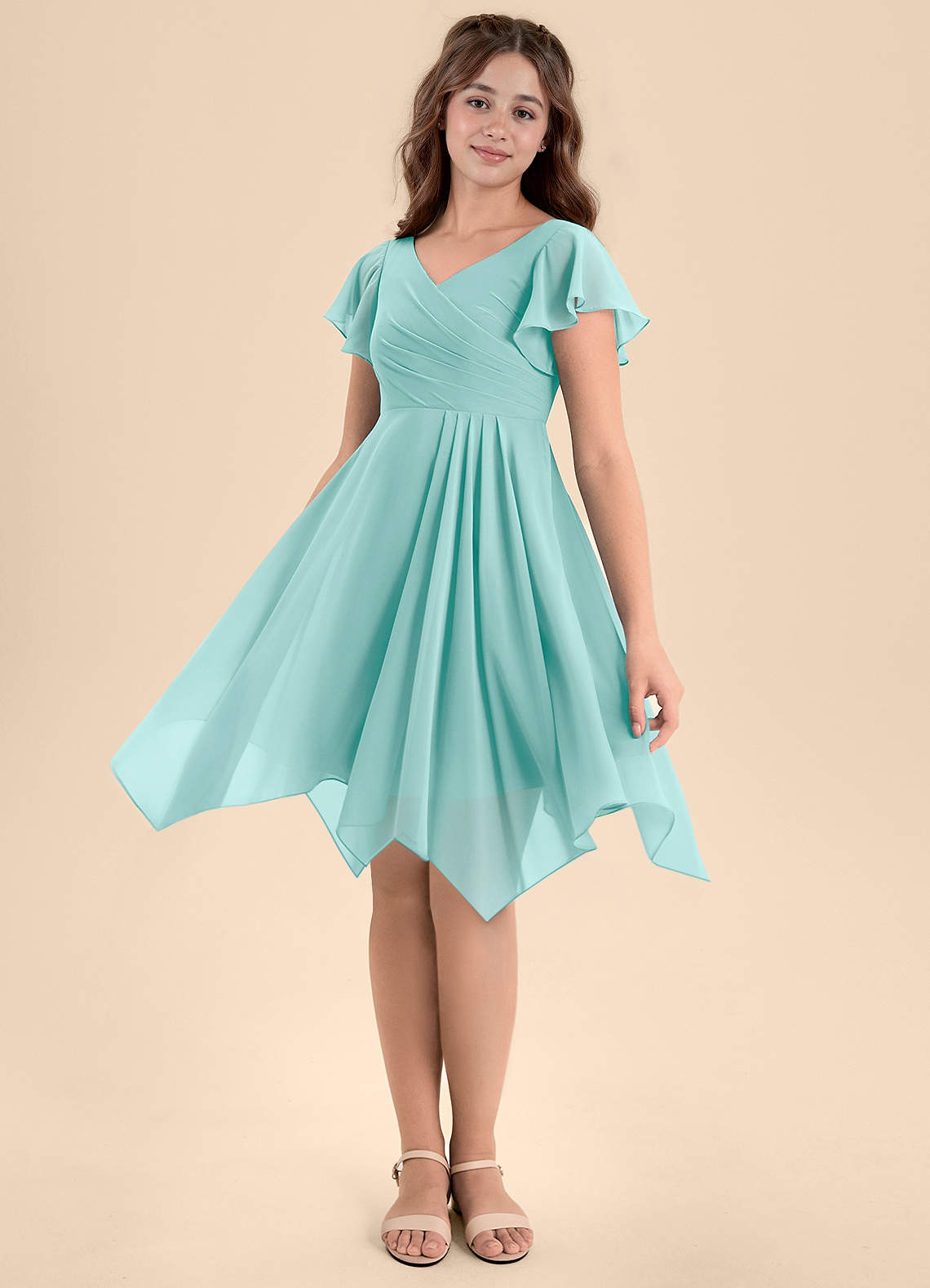 Azazie Janeaurelia Junior Vestido de Aqua de Gasa de Corte En A con Plisado image3