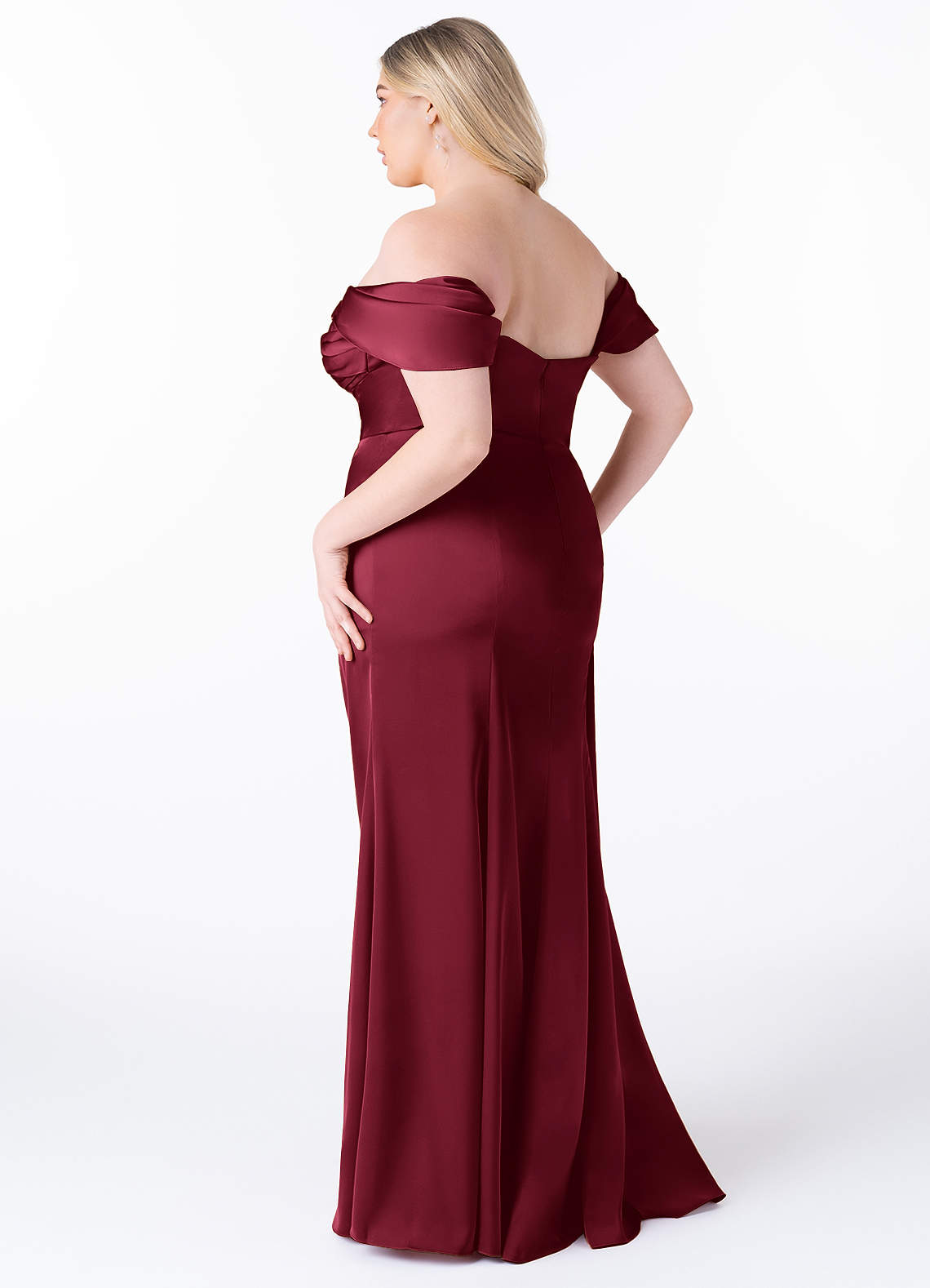 Azazie Amyra Bridesmaid Dresses Burgundy Mermaid Off the Shoulder Stretch Satin Convertible Dress image11