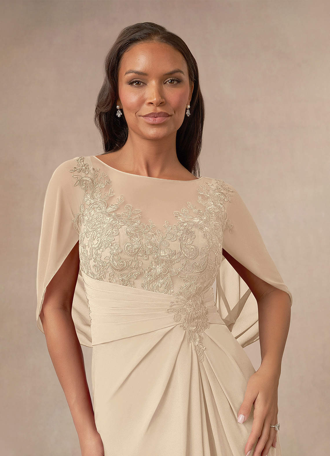 Azazie Hera Mother of the Bride Dresses Champagne A-Line Lace Capelet Chiffon Dress image4