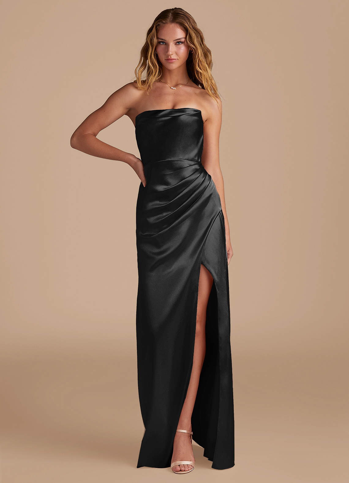 Azazie Leonis Bridesmaid Dresses Black Mermaid Pleated Metallic Satin Convertible Dress image1