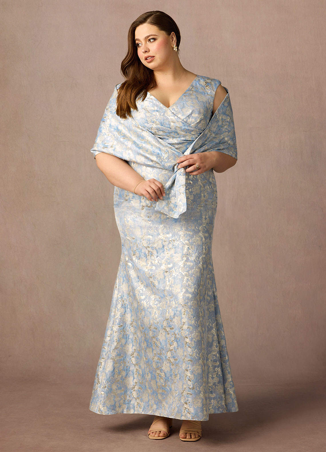 Azazie Elanor Kleider für die Brautmutter Meerjungfrau-Linie Plissee Jacquard 1 Kleid Staubblau image1